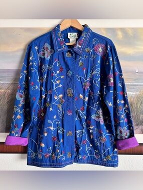 Vtg Quacker Factory Embroidered Beaded Denim Jacket Butterfly Floral Blue L